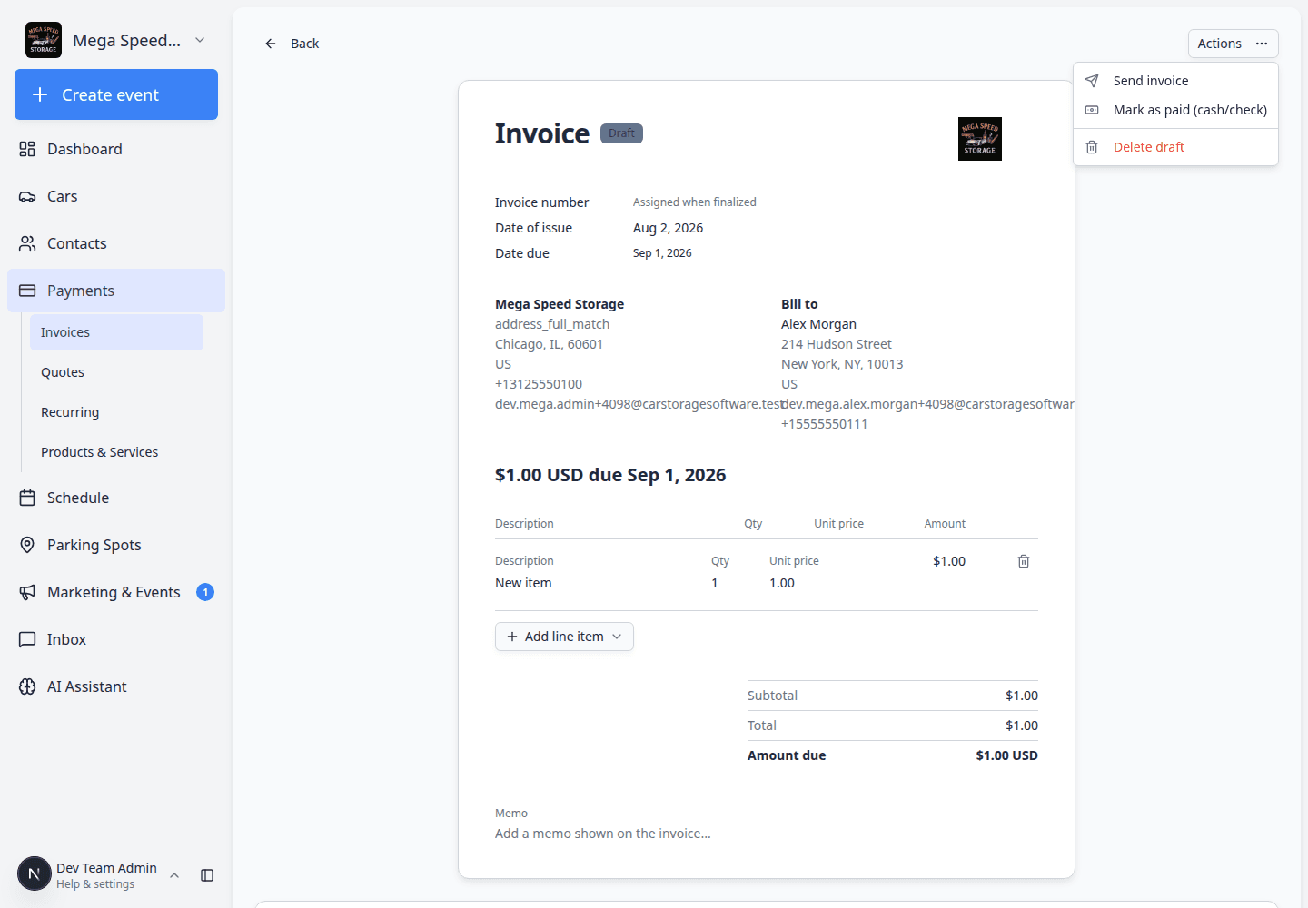 Actions dropdown on an open invoice showing Resend invoice email, Charge payment method on file, and Mark as paid options