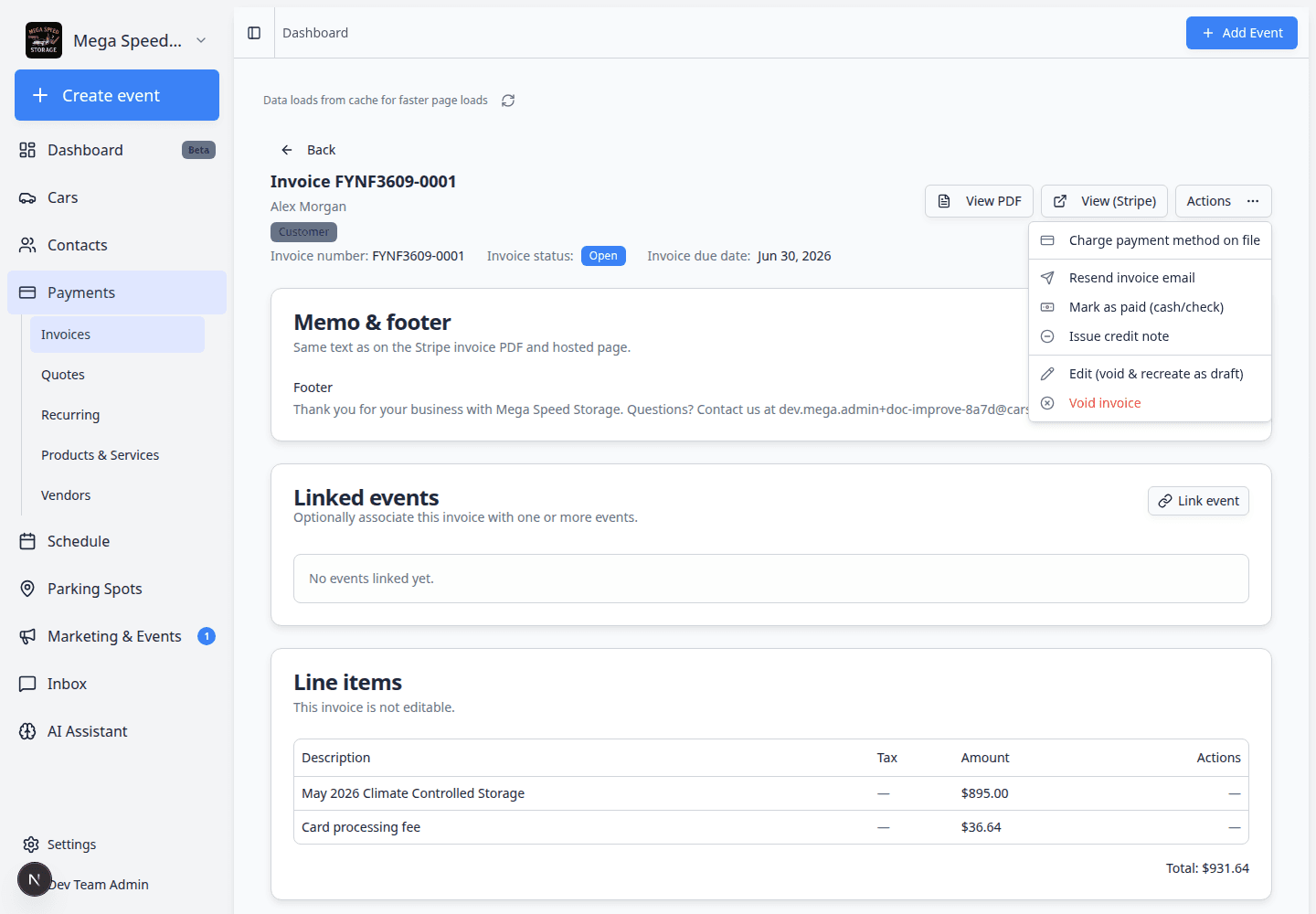 Actions menu on an open customer invoice showing resend email, charge on file, and mark paid options