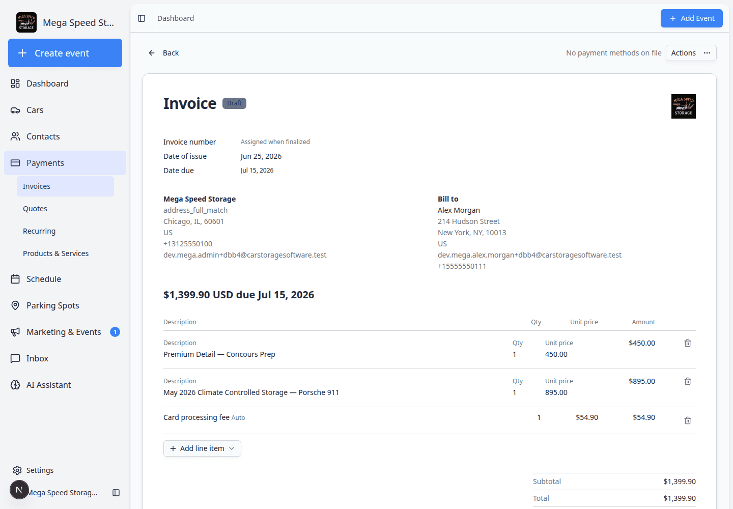 Draft customer invoice detail page showing Draft status and Finalize invoice button