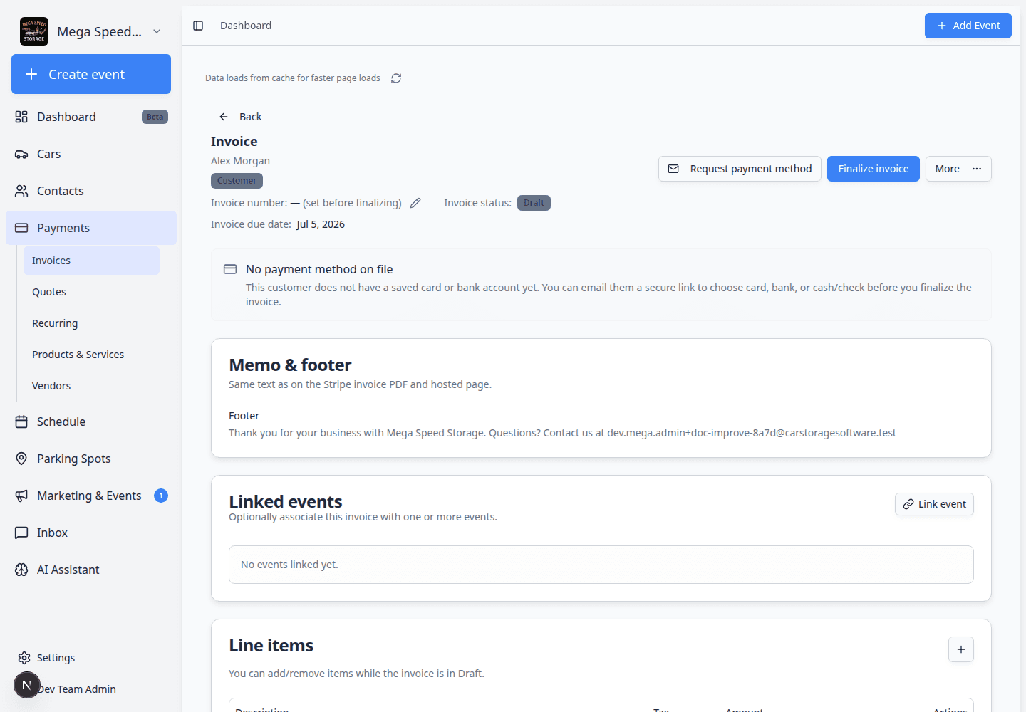 Draft customer invoice detail page showing Draft status badge, line items, totals, and Finalize invoice button