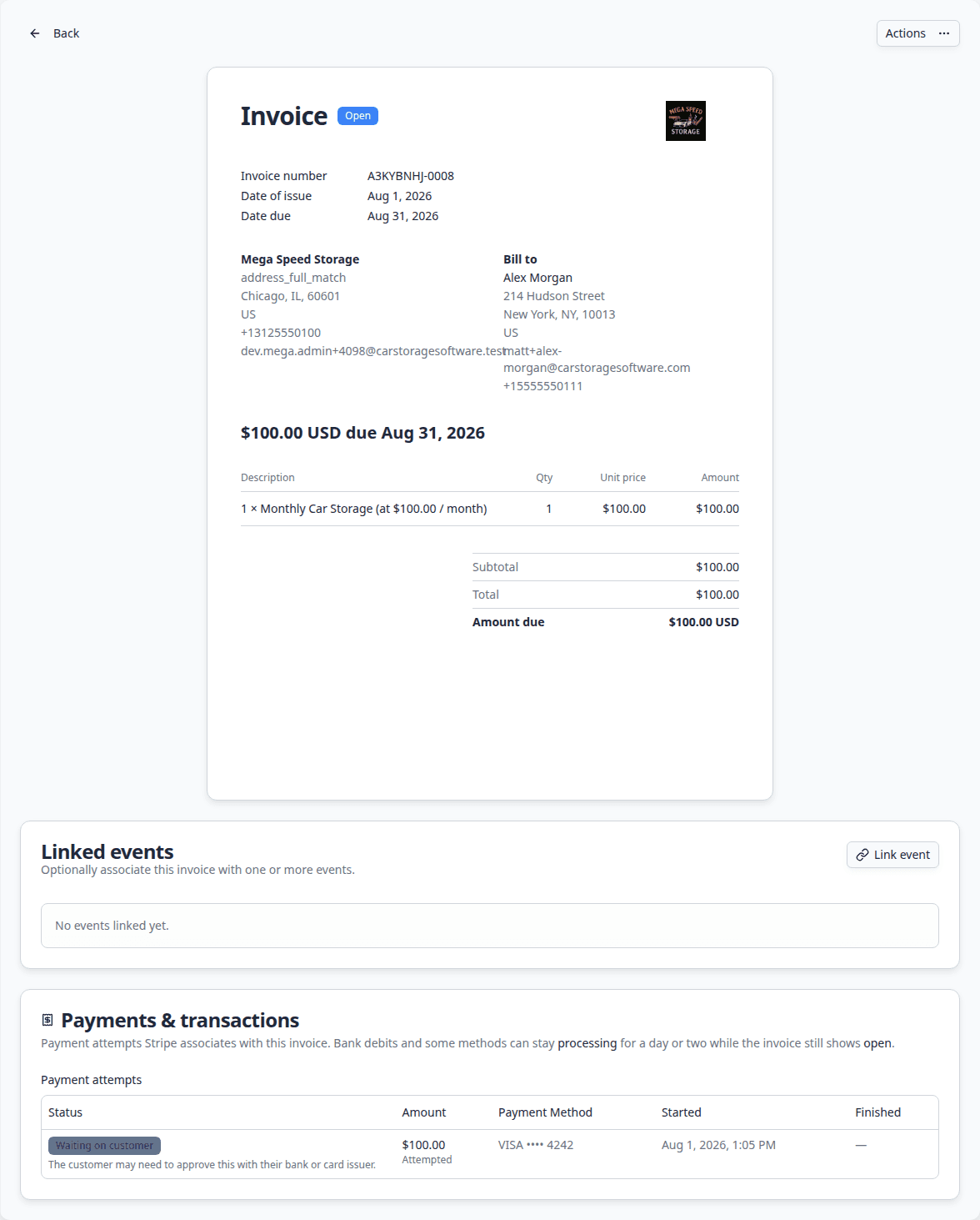 Open customer invoice detail page with amount due and Actions button in the top-right