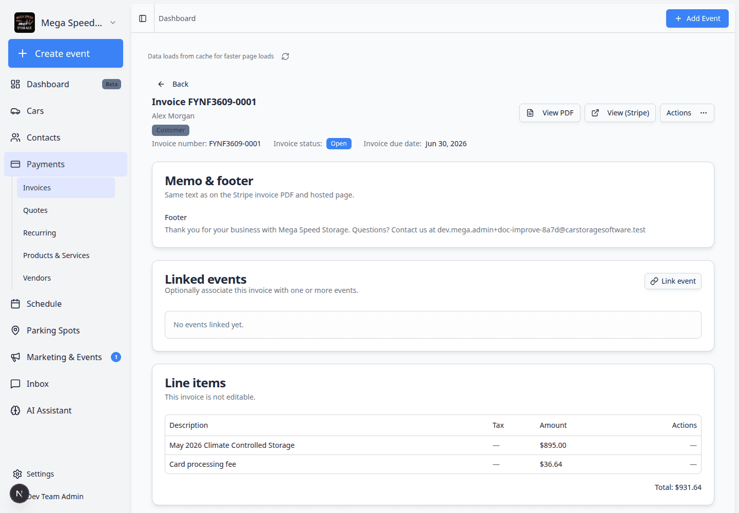 Open customer invoice detail page showing Open status, amount due, line items, and Actions button
