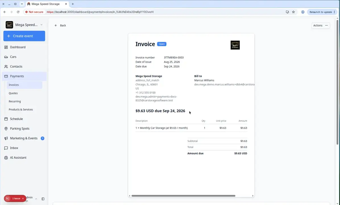 Open invoice with line items and totals