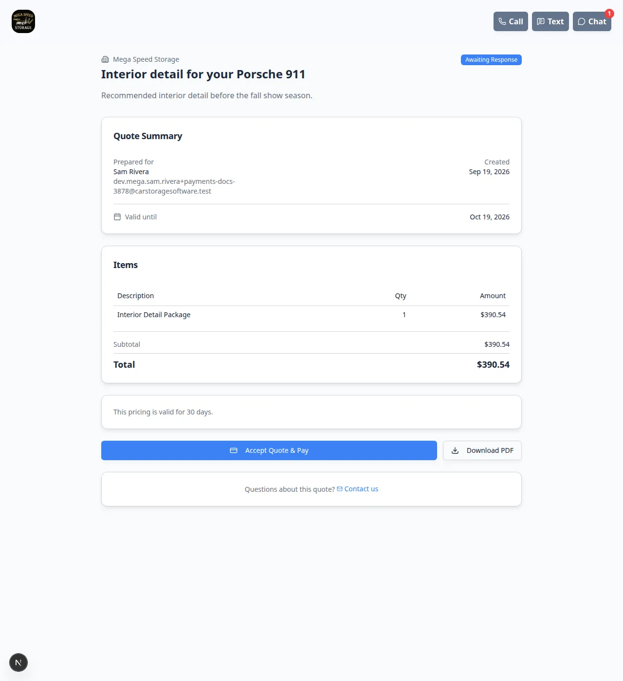 Customer quote page titled Interior detail for your Porsche 911 with Awaiting Response, Quote Summary, Interior Detail Package, total 390.54, and Accept Quote and Pay