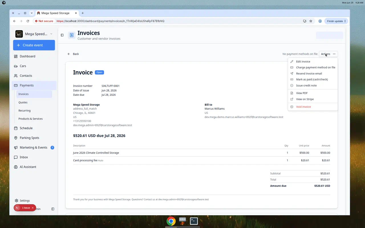 Invoice actions menu on the payments dashboard