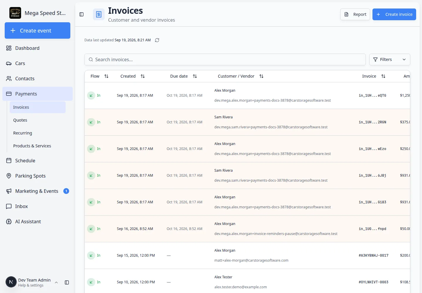 Invoices page showing customer bills after quotes and recurring plans were created