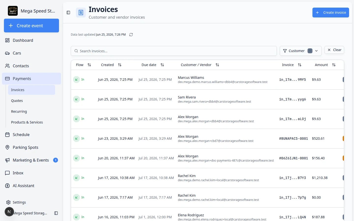 Customer invoices list in Payments