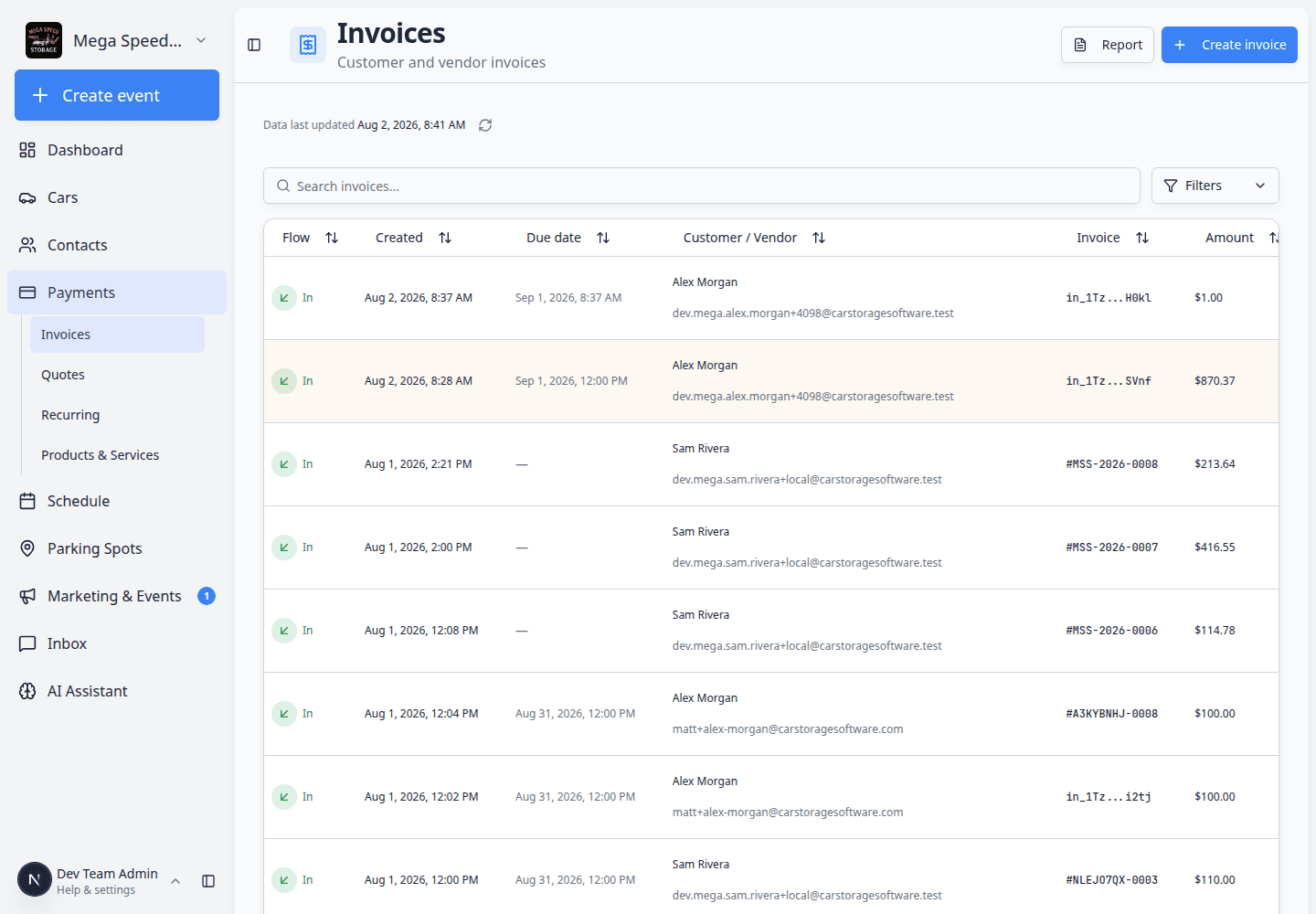 Invoices page showing All, Customer, and Vendor tabs with invoice rows, status, amount, and actions