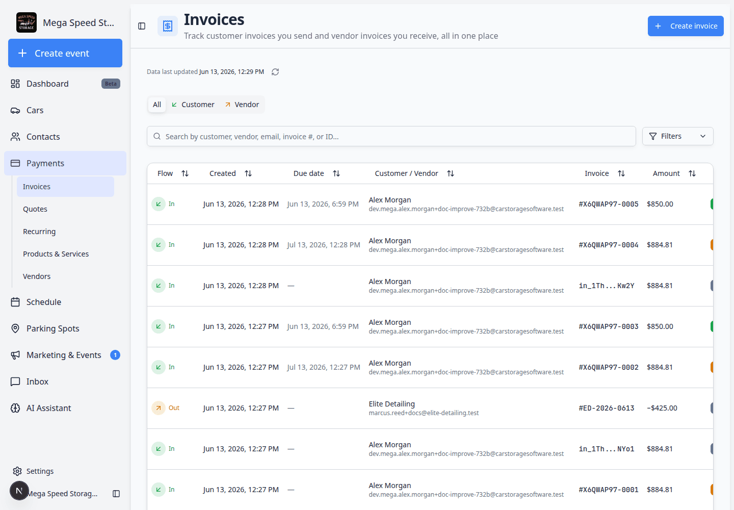 Invoices page showing All, Customer, and Vendor tabs with invoice rows, status, amount, and actions