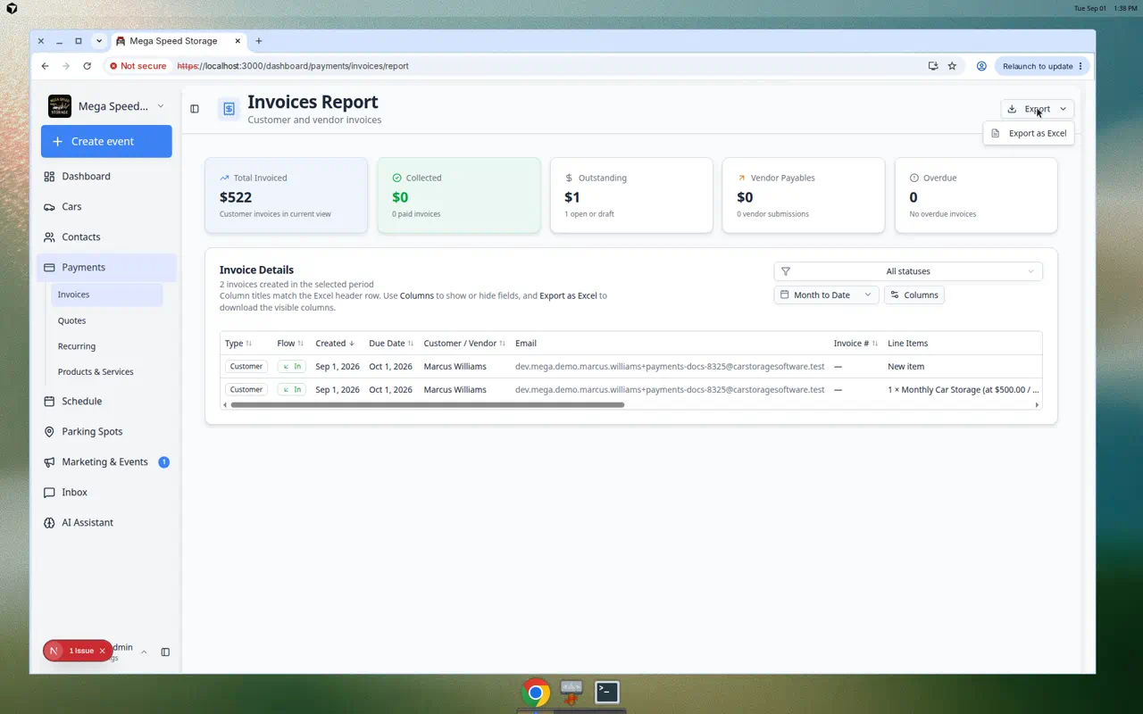 Invoice report export menu