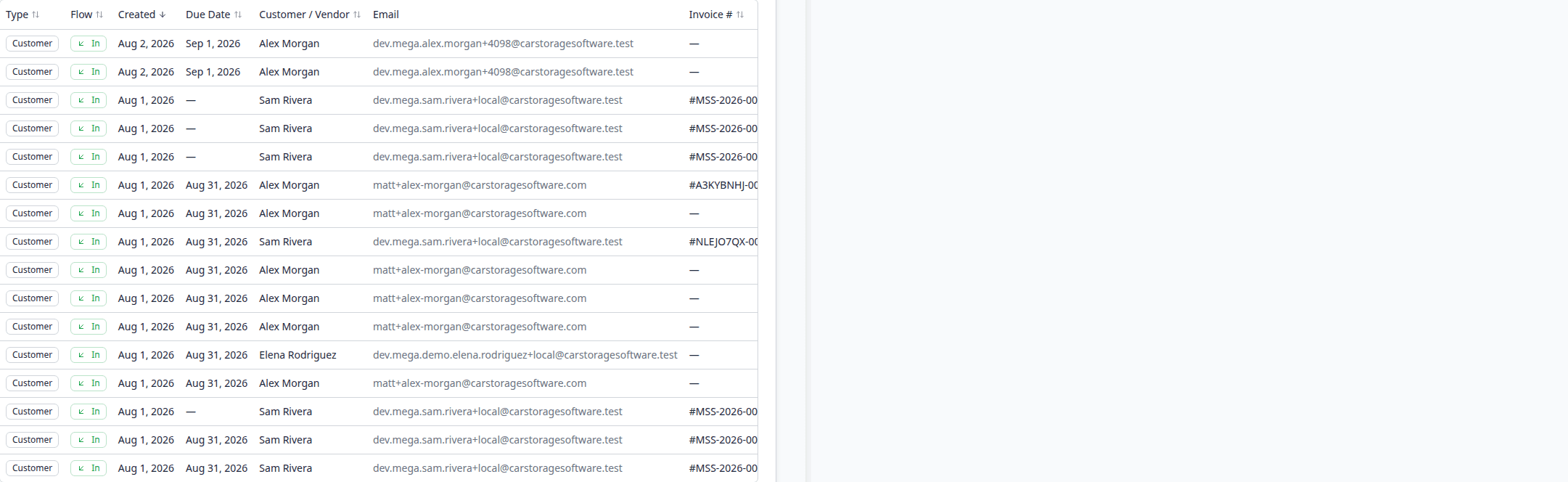 Invoices Report table showing Type, Flow, Customer or Vendor, Status, Amount, and Due date columns