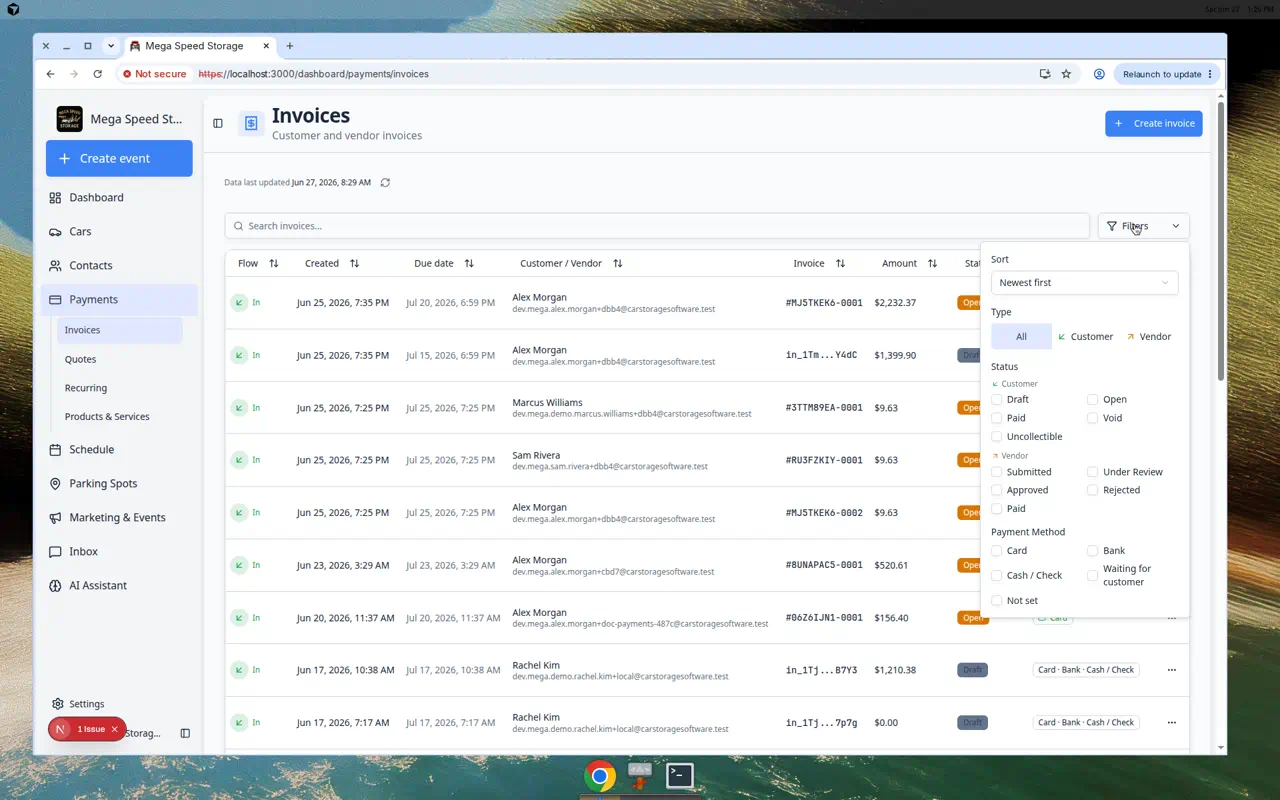 Invoices filter panel showing Type options All Customer and Vendor plus status checkboxes