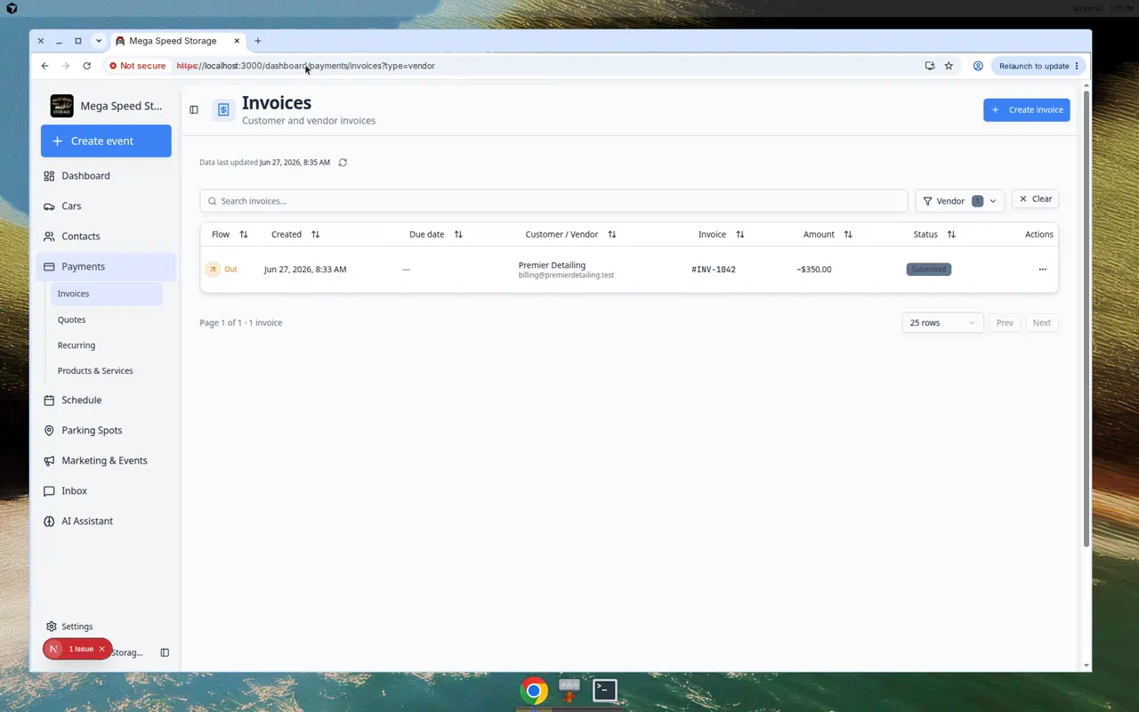 Invoices page filtered to Vendor type showing a vendor invoice row with invoice number, amount, and Submitted status