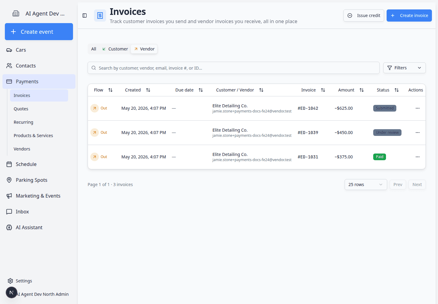 Invoices page with Vendor selected, showing vendor invoice rows with invoice number, amount, status, and actions