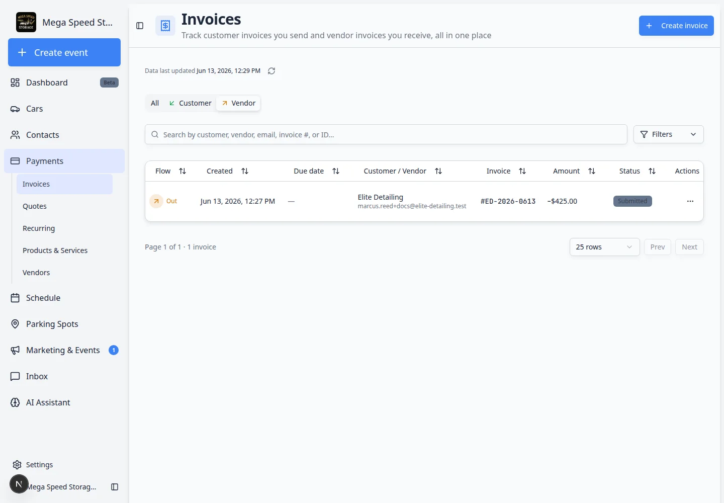 Vendor invoices tab in Payments