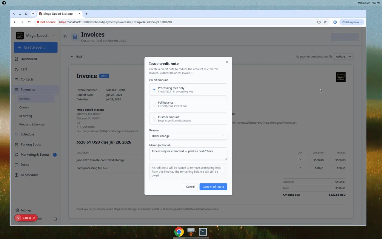 Issue credit note dialog showing Processing fees only, Full balance, and Custom amount options plus reason dropdown
