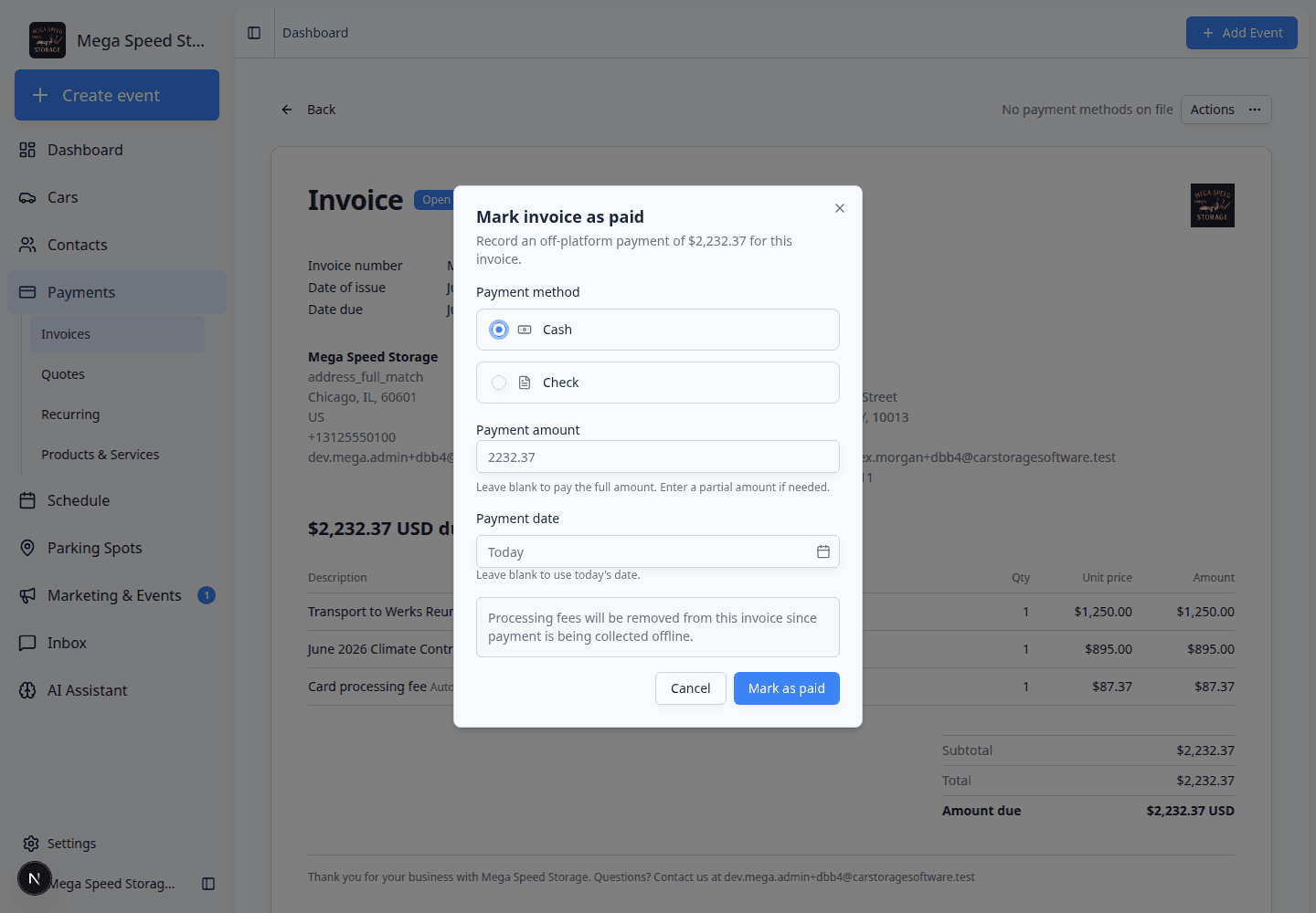 Mark invoice as paid dialog with Cash or Check options, amount field, payment date, and check number field