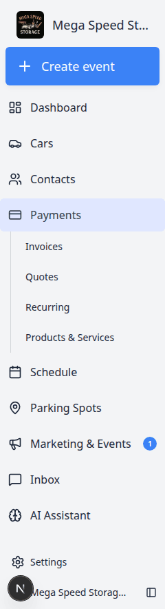 Dashboard sidebar with Payments expanded, showing Invoices, Quotes, Recurring, Products and Services, and Vendors