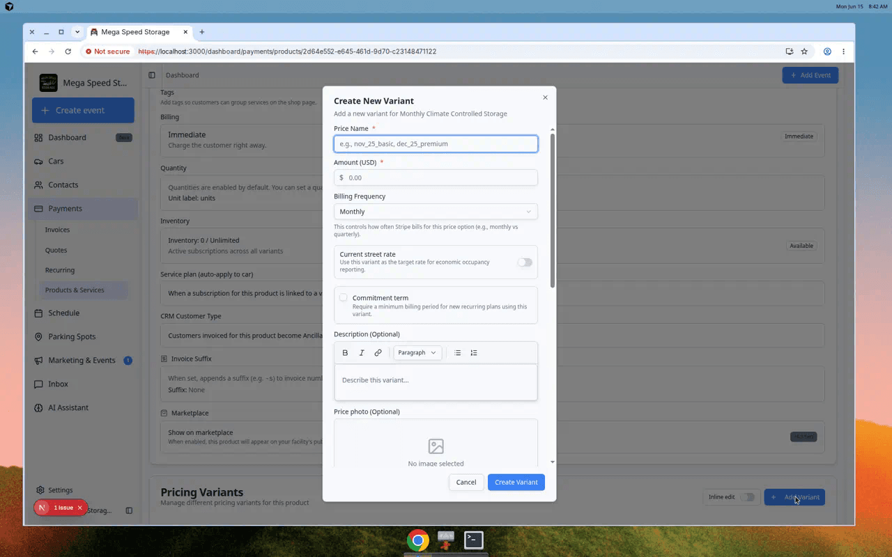 Add Variant dialog showing price name, amount, billing frequency, and save button