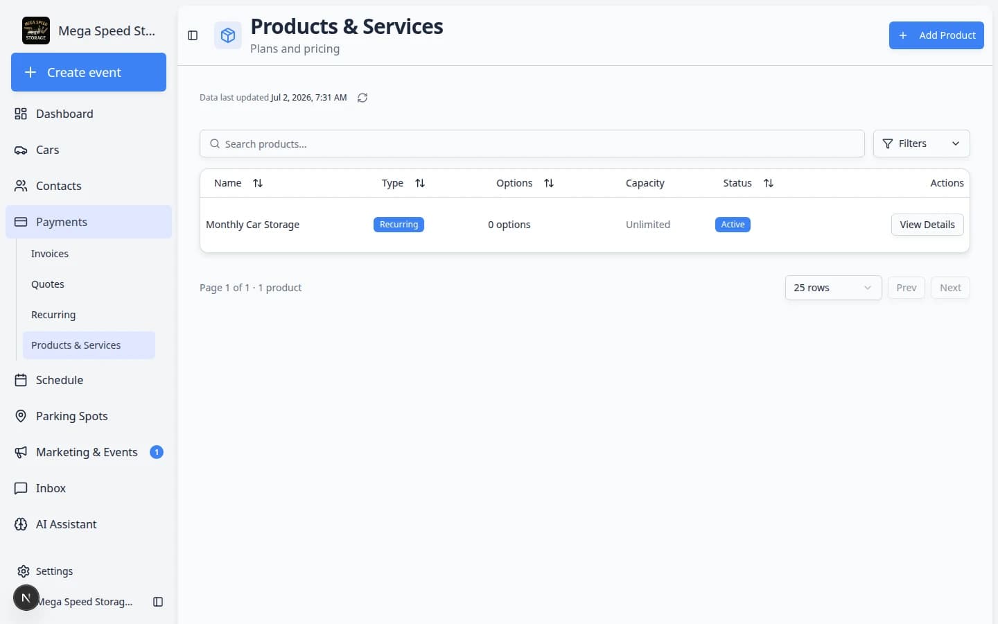 Products and Services table showing Name, Type, Options, Capacity, Status, and Actions columns