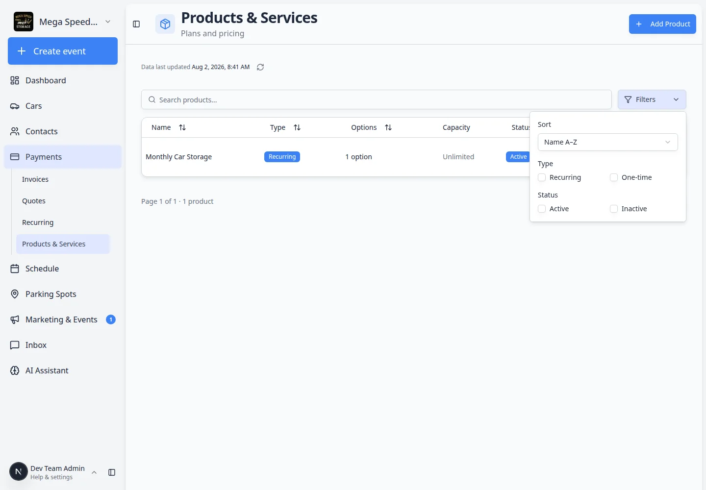 Products and Services page with Filters panel open showing Recurring, One-time, Active, and Inactive checkboxes