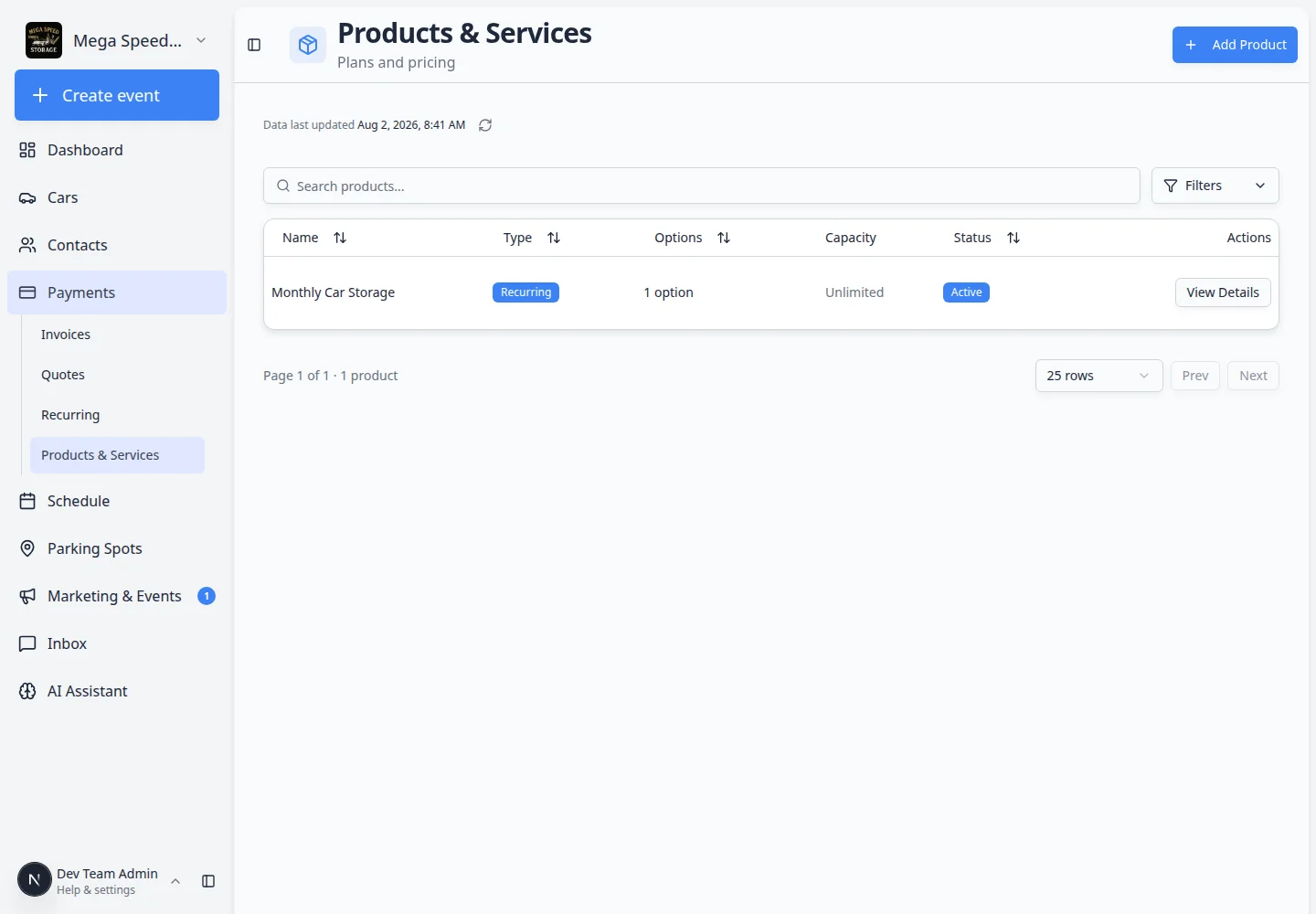 Products and services list in the dashboard