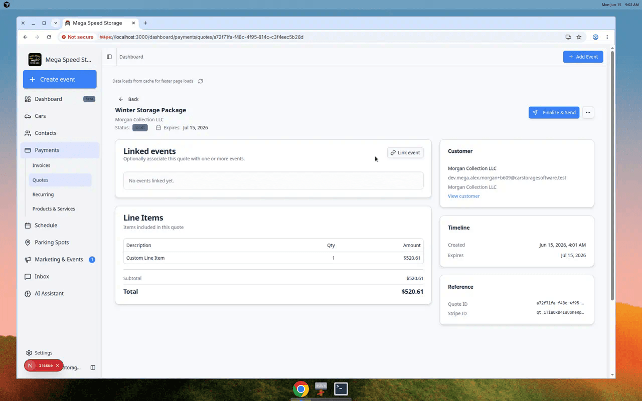 Quote detail page showing header, line items, subtotal, tax, total, expiration date, and status
