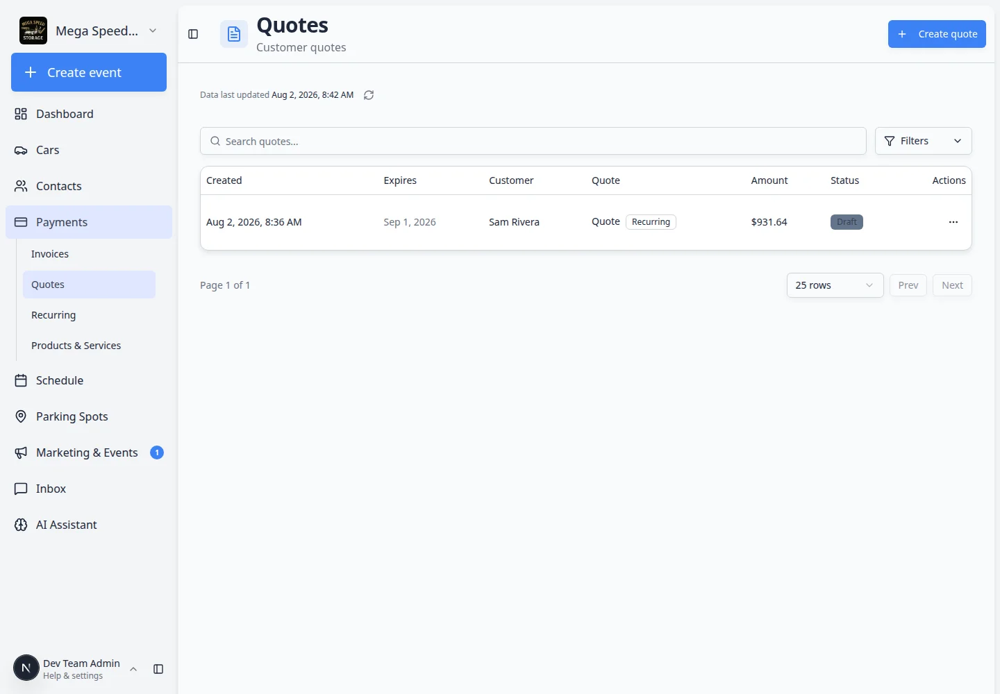 Quotes page showing quote rows with customer names, status badges, totals, and expiration dates