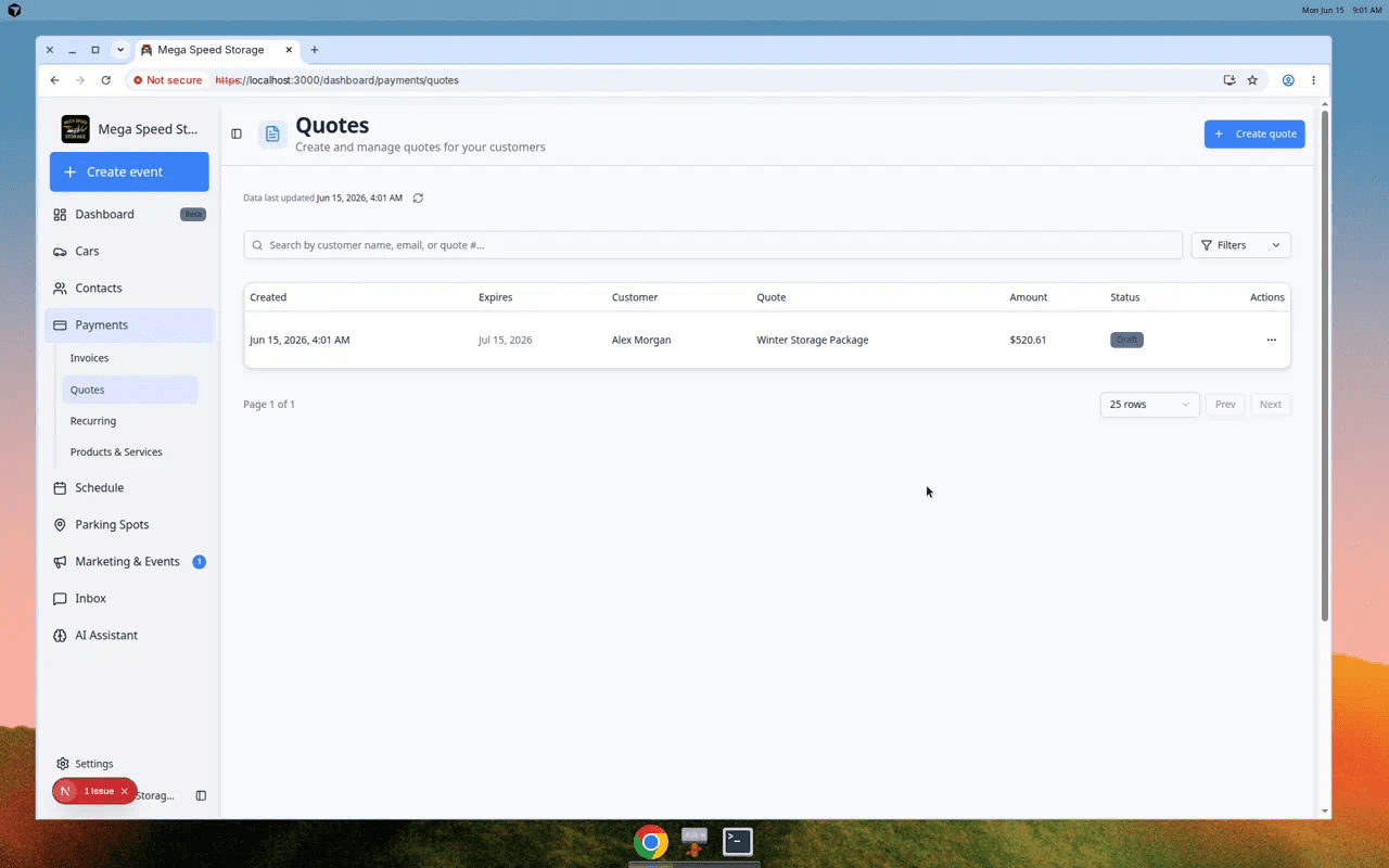 Quotes page showing quote rows with customer names, status, expiration date, and totals