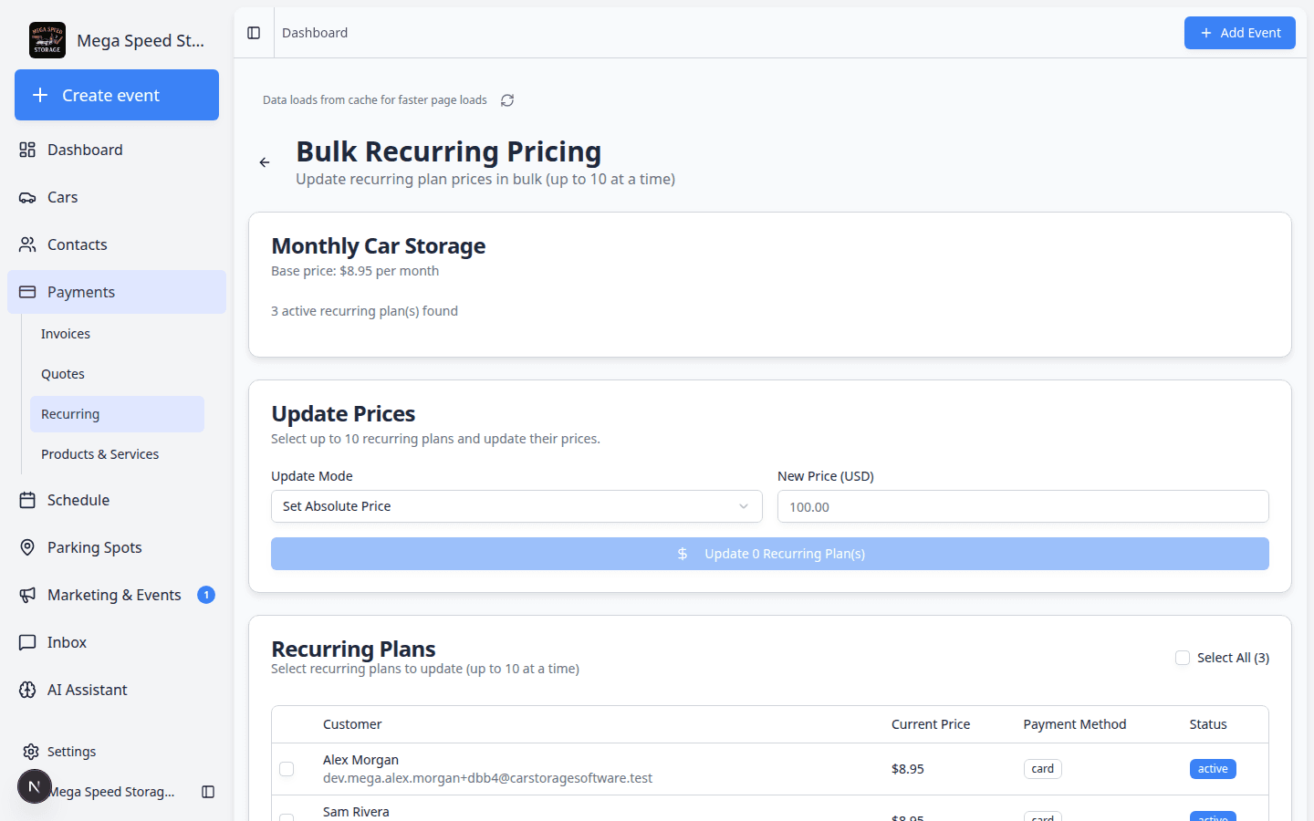 Bulk Recurring Pricing page showing update mode, price field, preview of old and new amounts, and a table of recurring plans with checkboxes