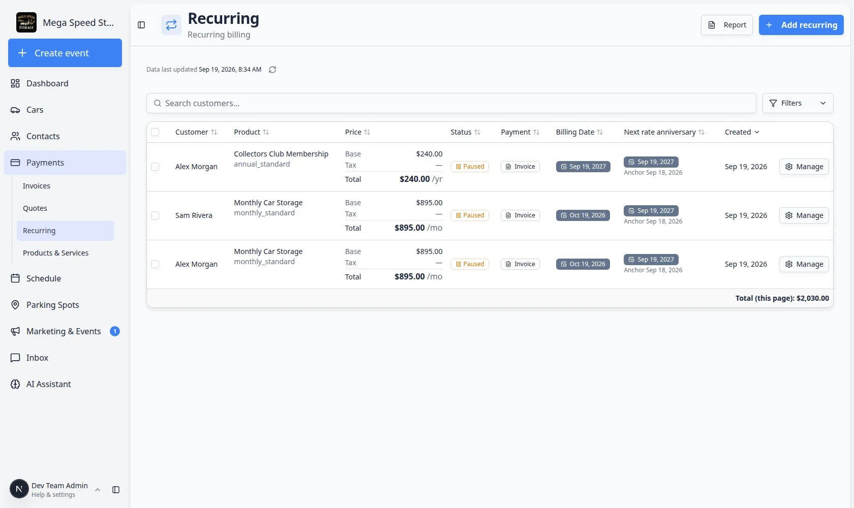 Recurring billing list with Manage on each row
