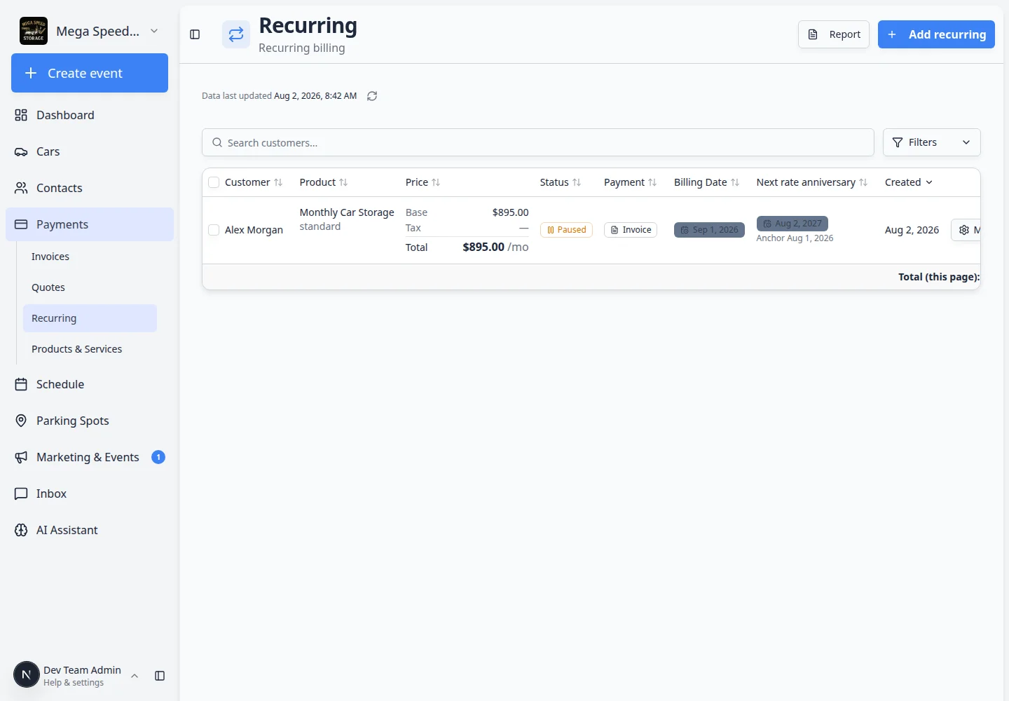 Recurring page showing active recurring billing rows with customer names, products, prices, status badges, and Manage buttons