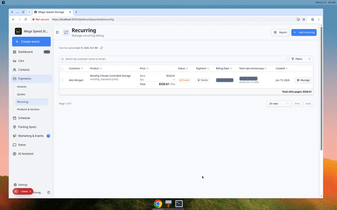 Recurring page showing recurring billing rows or a setup message when recurring products are not ready yet