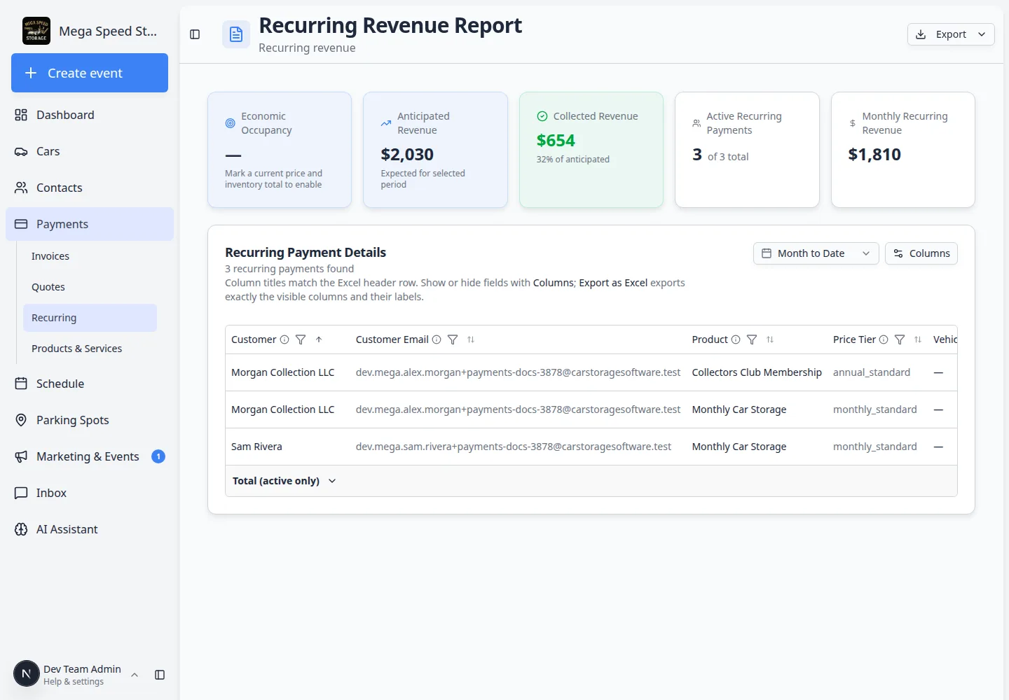 Recurring revenue report table