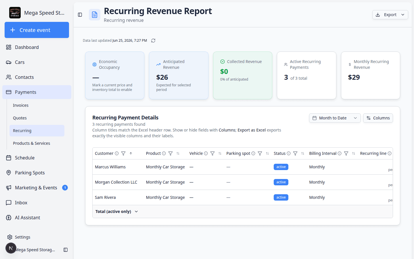 Recurring Revenue Report page showing scheduled recurring income and export options