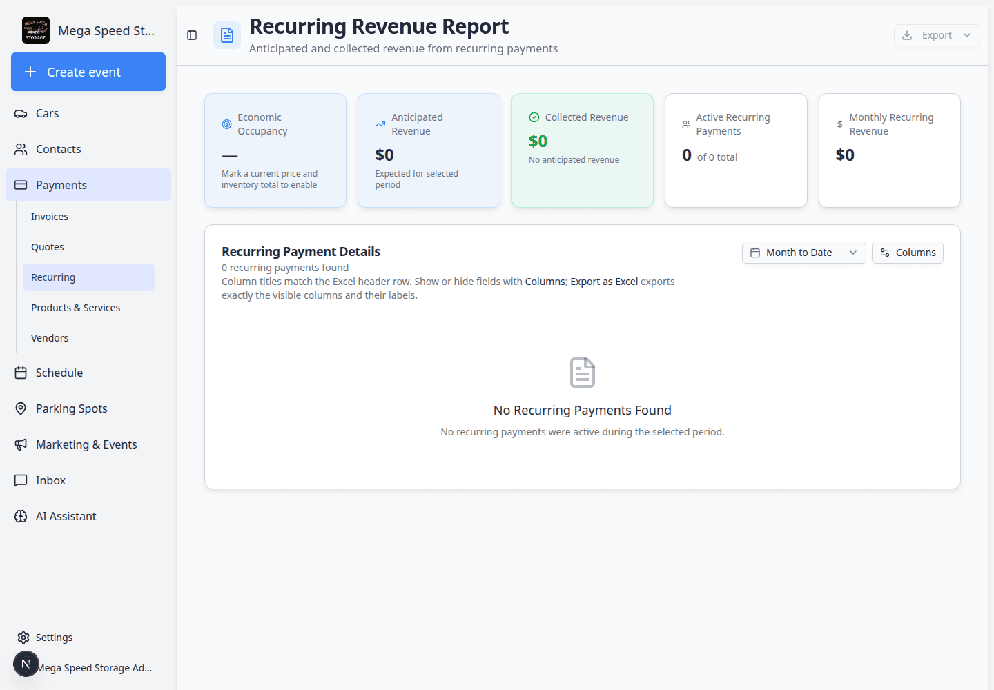 Recurring Revenue Report page showing scheduled recurring income and export options