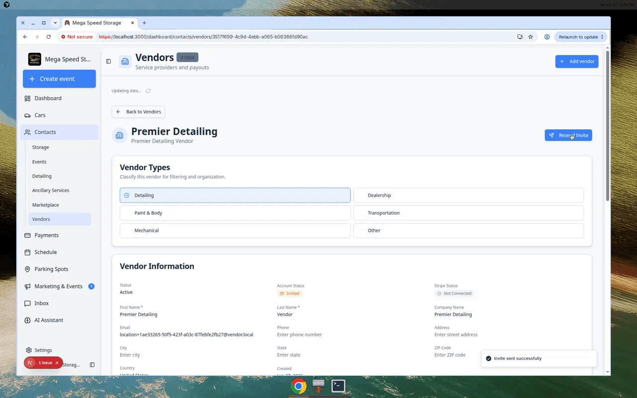Vendor detail page showing Invited account status and Resend Invite button after sending a portal invitation