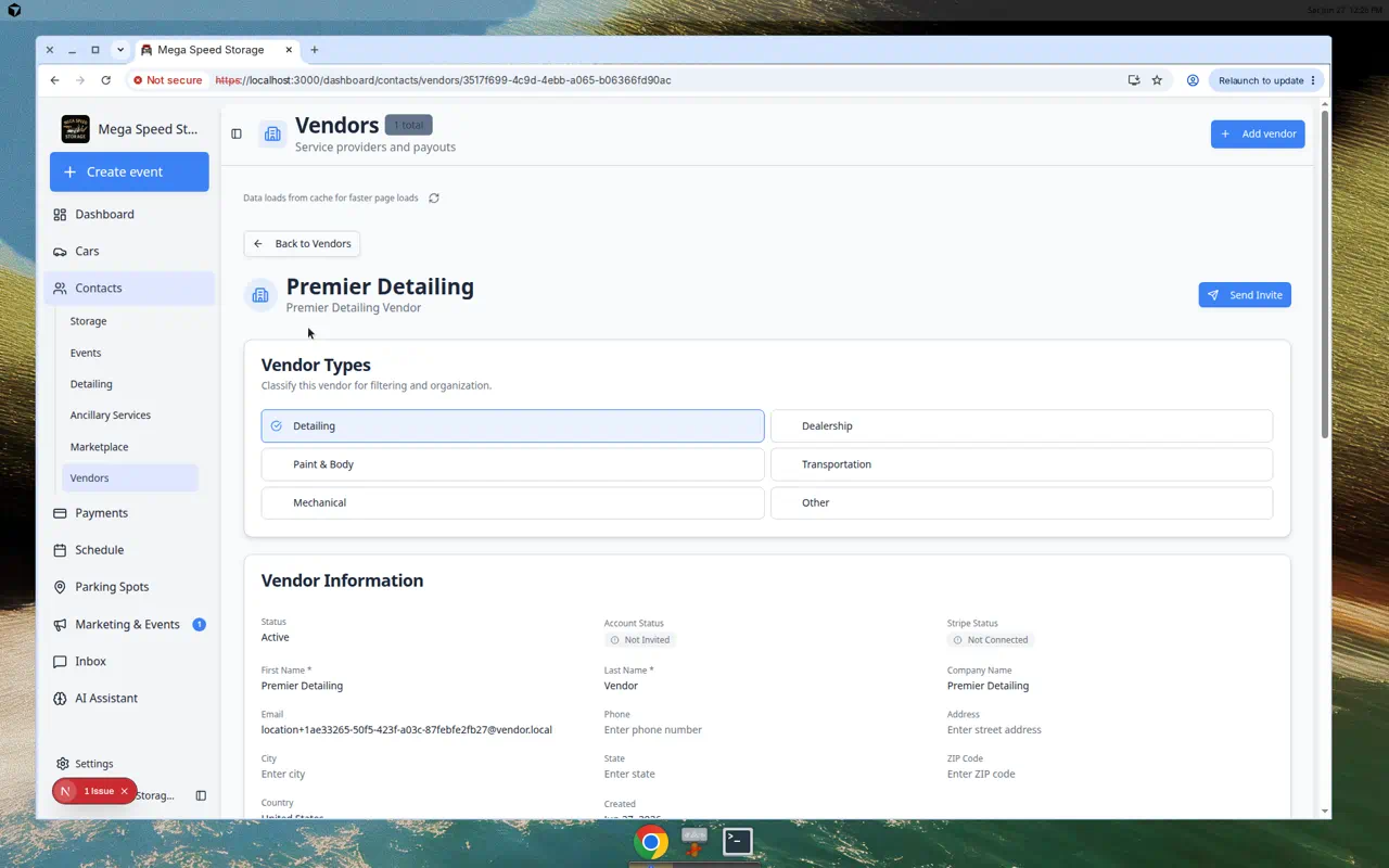Vendor detail page showing vendor types, status fields, and contact information for Premier Detailing