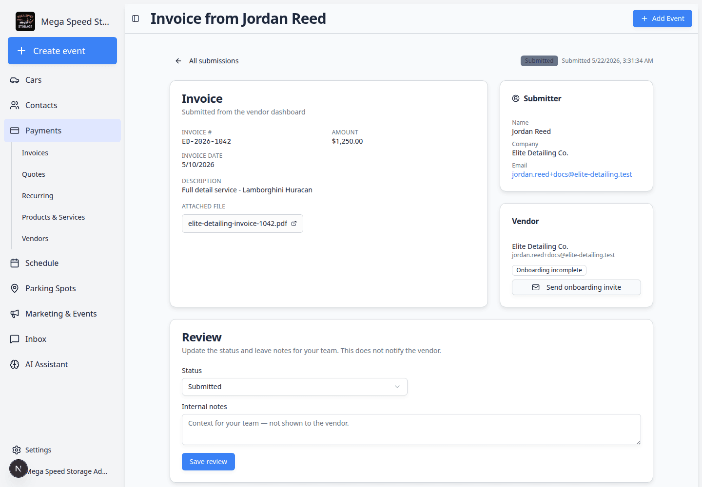 Vendor invoice detail page showing invoice amount, attached PDF, vendor card, review status dropdown, internal notes, and payment section