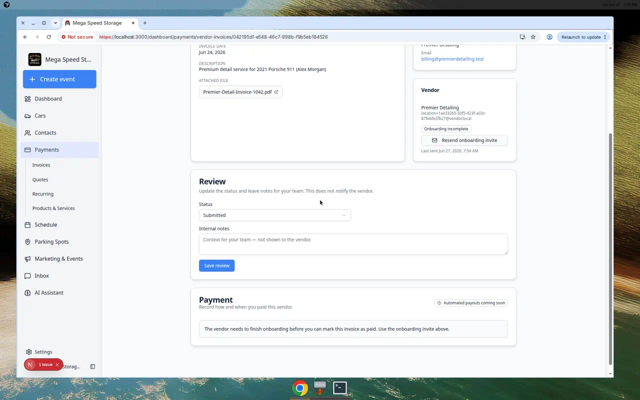 Vendor invoice detail page showing invoice amount, attached PDF, vendor card, review status dropdown, internal notes, and payment section