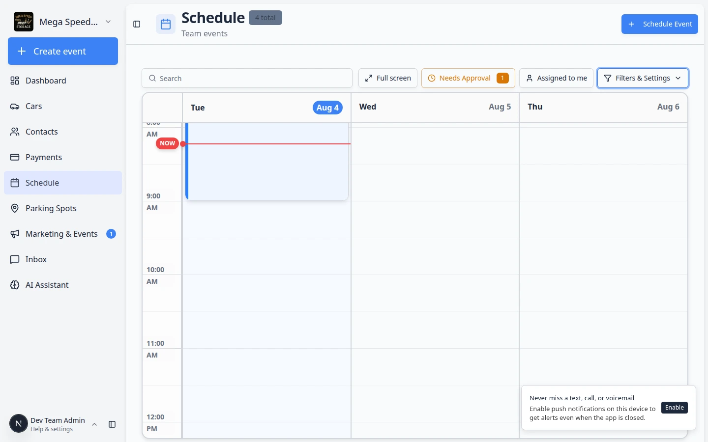 Schedule calendar in 3-day view showing Tuesday through Thursday with color-coded events in their time slots