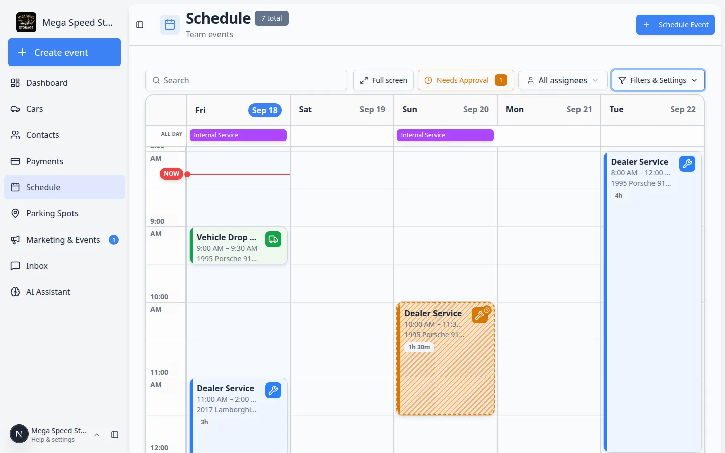 Schedule calendar in 5 Day view with an ALL DAY row above the time grid showing Internal Service bars