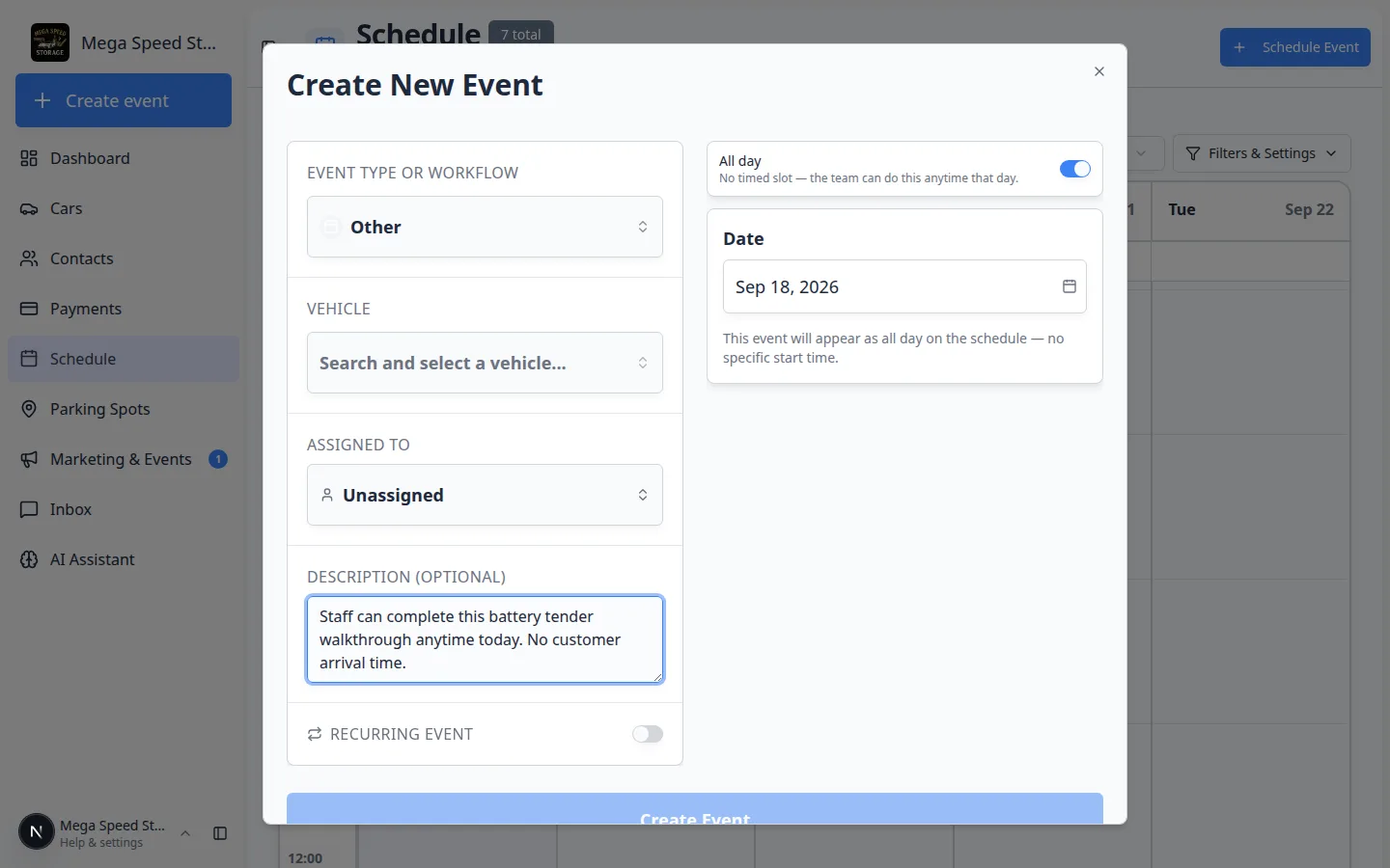 Create New Event window with All day turned on, time slots hidden, and a Date picker with helper text that the event has no specific start time