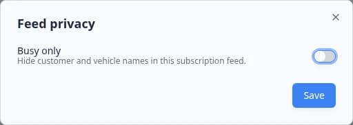 Feed privacy dialog with Busy only switch and Save button