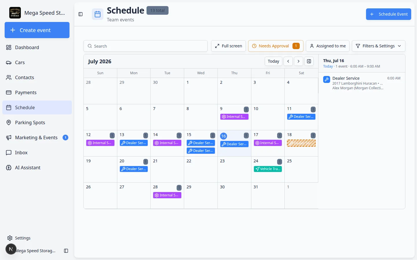 Schedule calendar in 5 Day view showing multiple events with color coding and small icons on event blocks