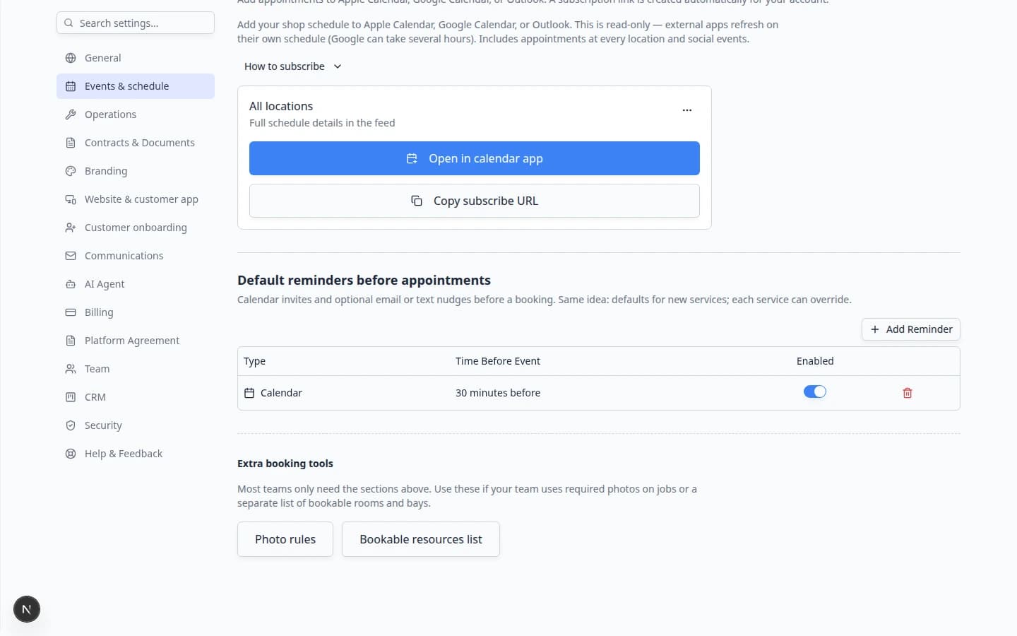 Subscription card showing feed name, privacy line, Open in calendar app button, and Copy subscribe URL button
