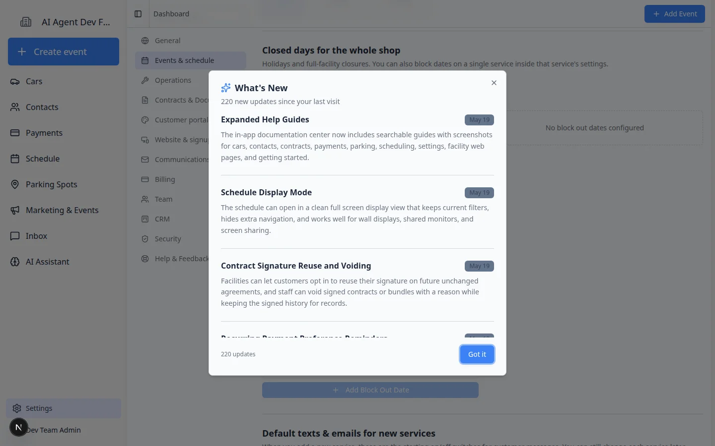 Events and schedule settings page scrolled to Subscribe to your schedule with subscription buttons