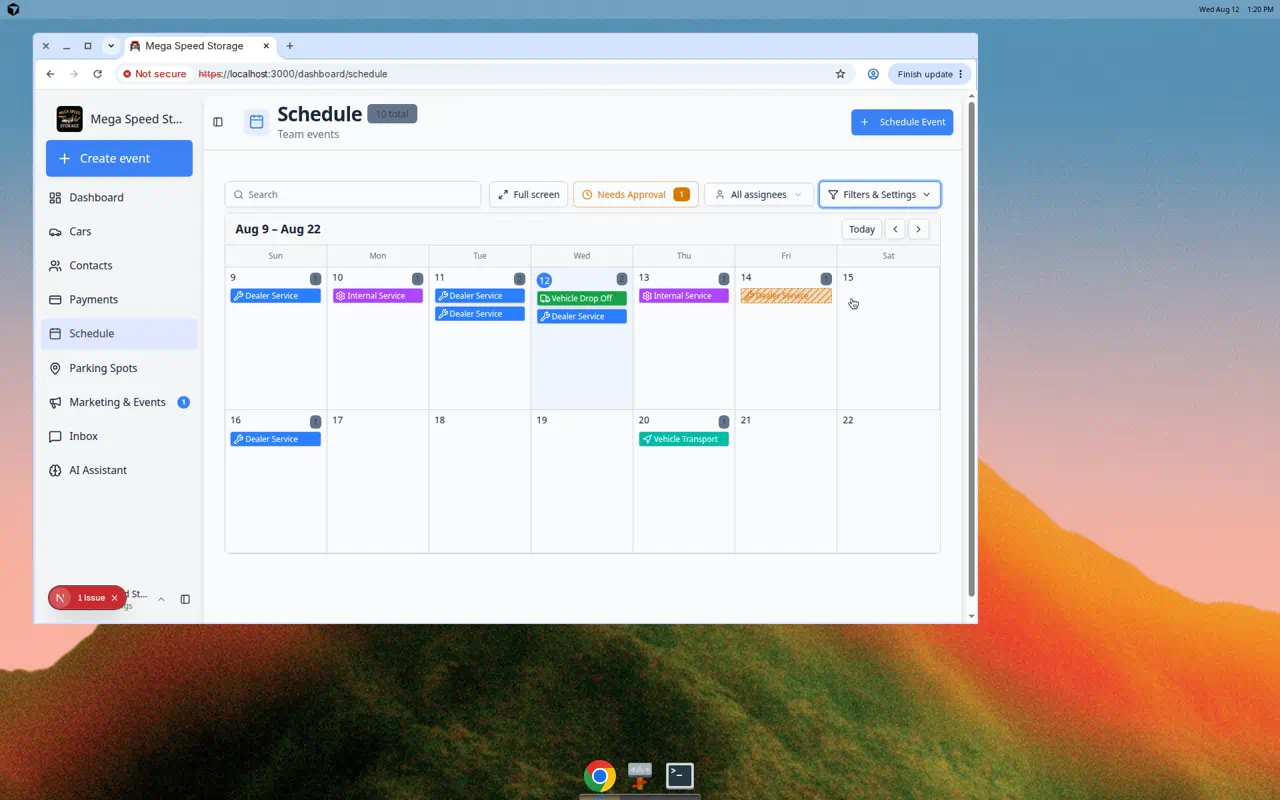 Schedule calendar in 5-day view showing multiple color-coded events with small status and billing indicators on each block