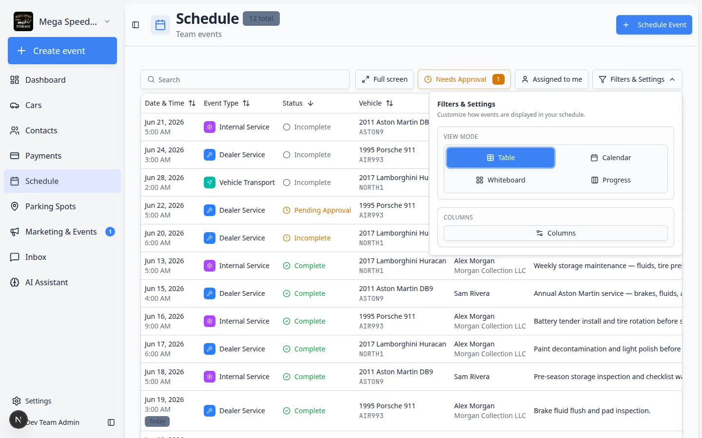 Schedule in Table view listing appointments with a Cancelled status still visible in the list