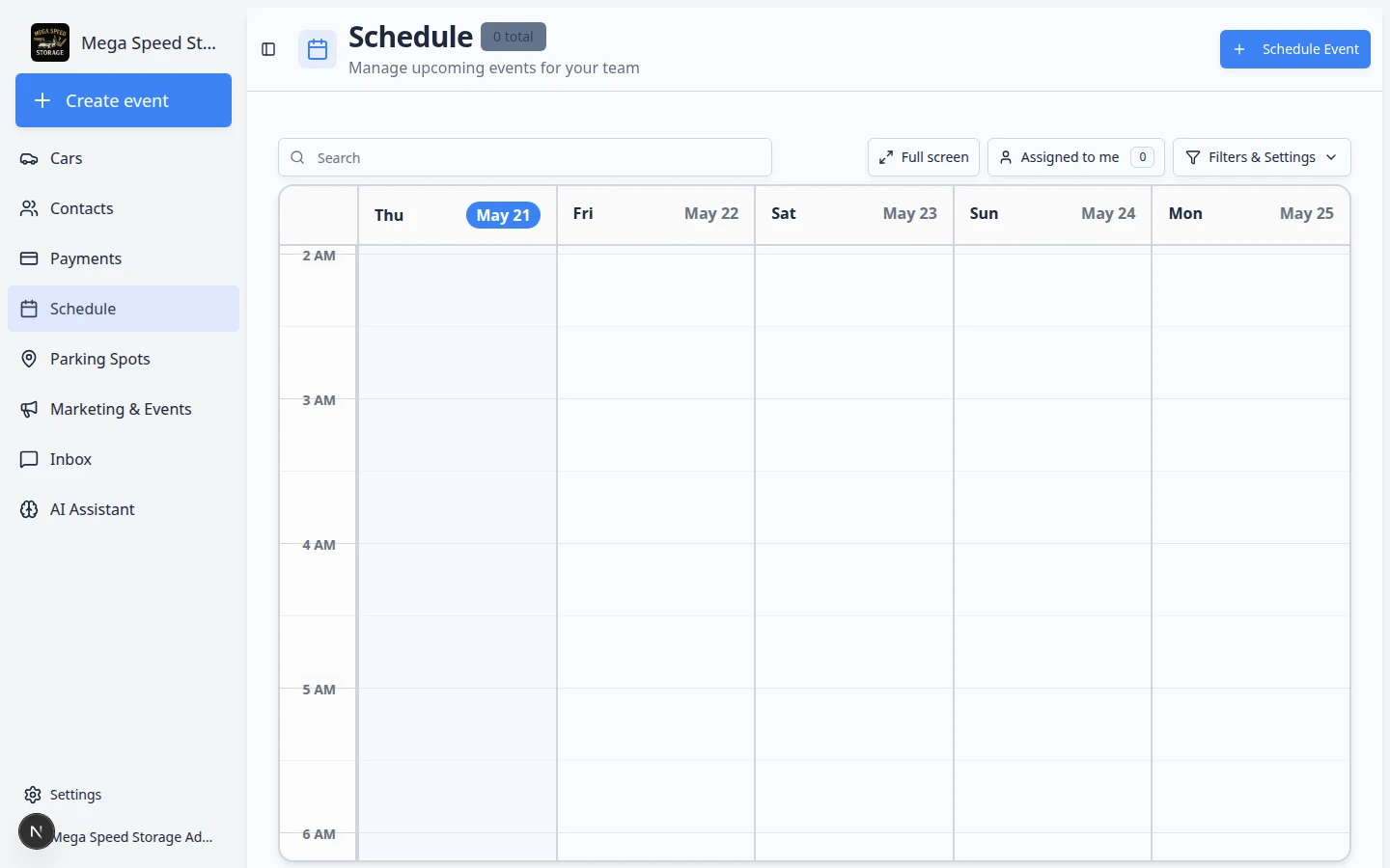 Schedule page showing a 5-day calendar view with color-coded events including vehicle drop-offs, detail appointments, pick-ups, and customer visits spread across the week